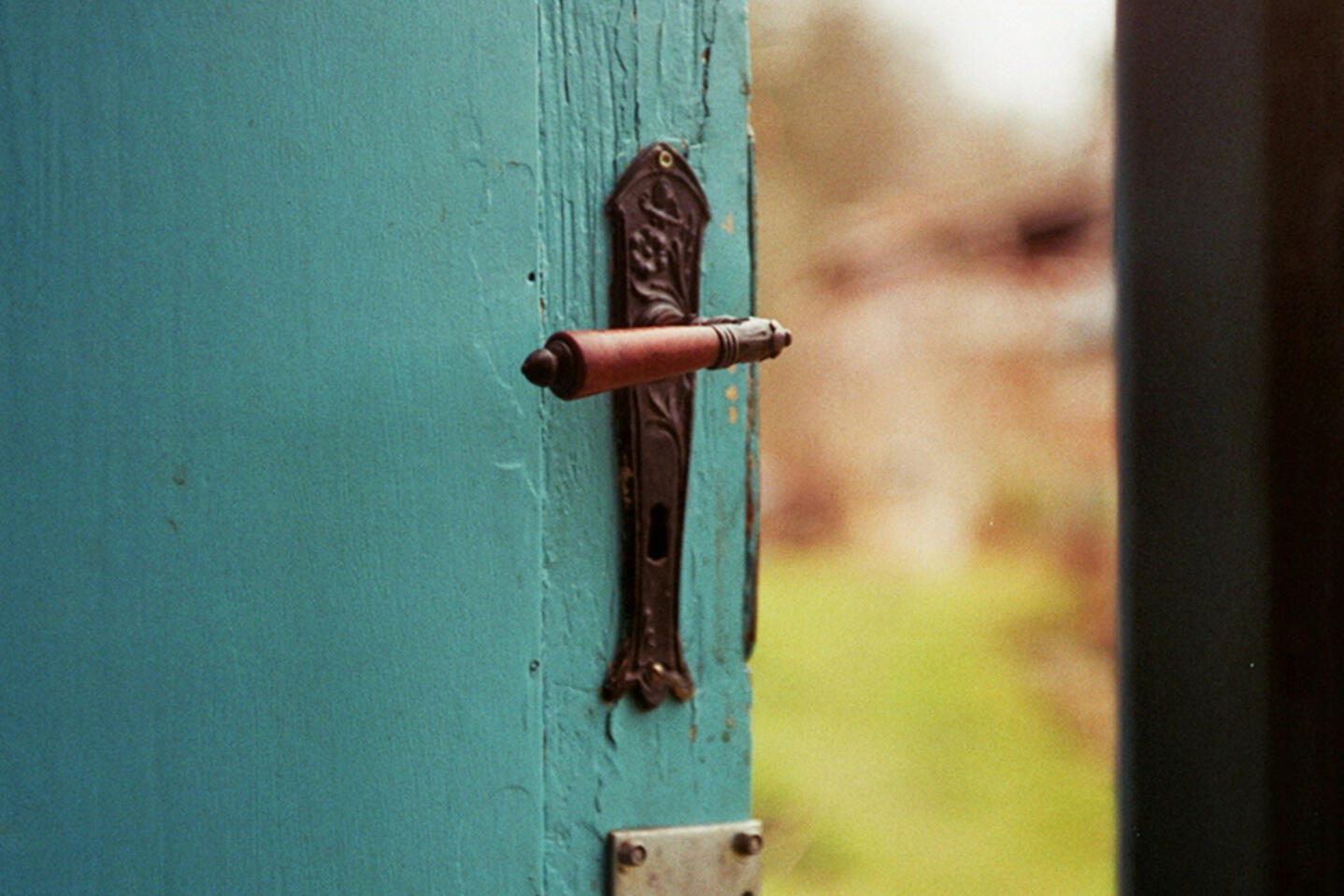 Photo by Jan Tinneberg on Unsplash Aqua green wooden door with brass handle, opening to the outdoors.